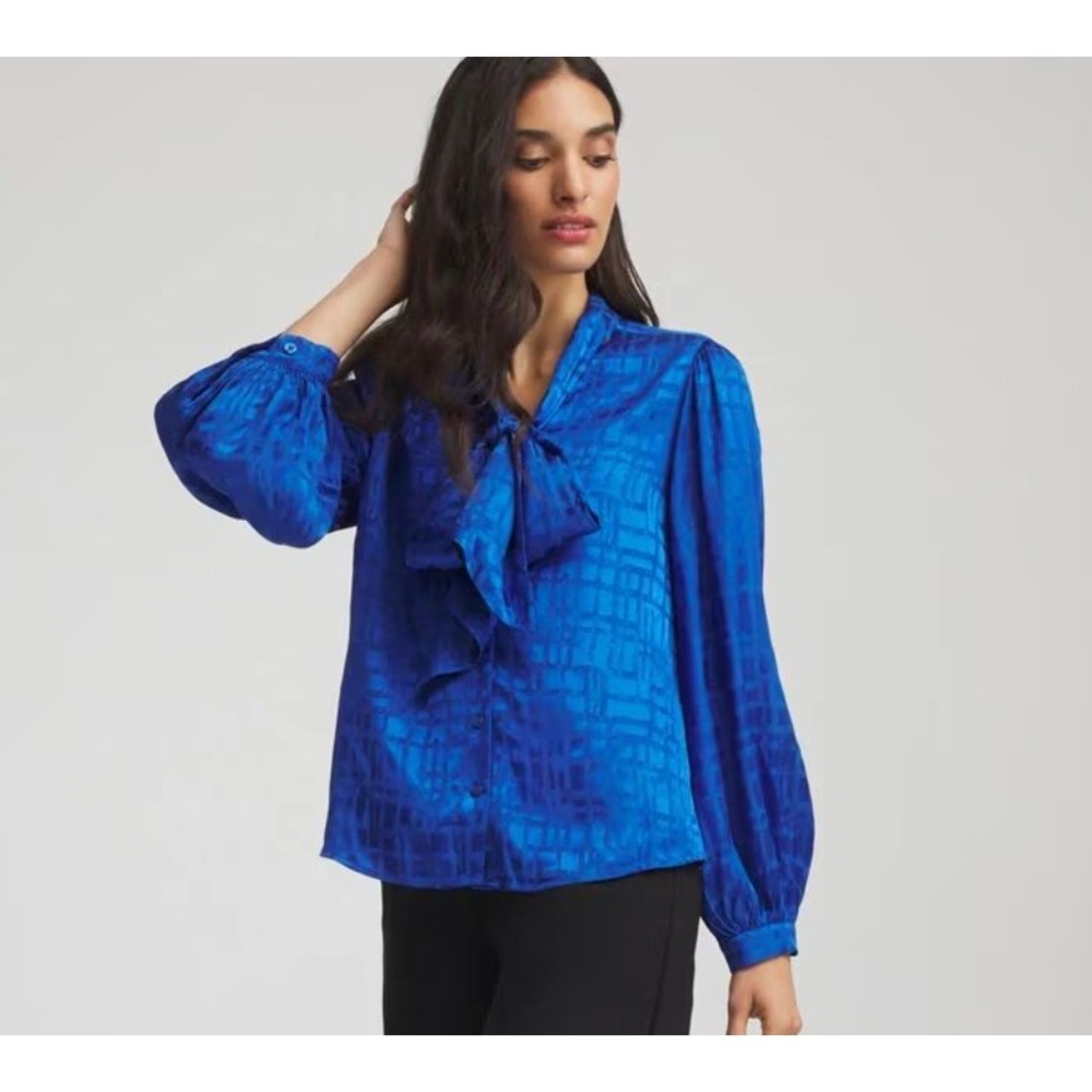 CHICO'S Bow Blouse Cobalt Stone Jacquard Tie Neck Women's 1 Medium NEW